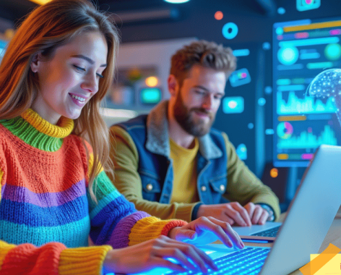 Emprendedores trabajando en agencia digital con inteligencia artificial y pantallas holográficas