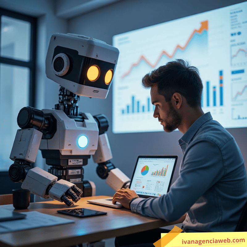 Robot inteligente colaborando con profesional en análisis de datos digitales